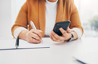 Buy stock photo Planning, phone and hands of a woman writing information, schedule or agenda. Business, research and a corporate employee with a note, plan and analysis of an email on a mobile at a workspace