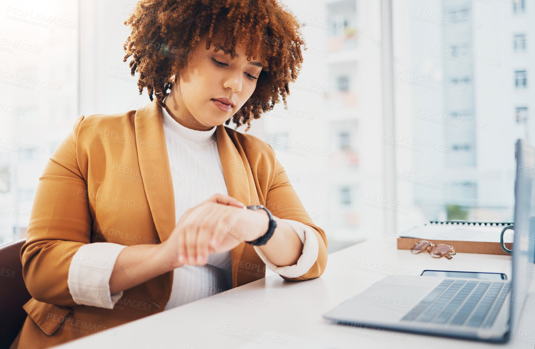 Buy stock photo Black woman, time management and check watch with schedule and clock, laptop and desk with appointment. Professional female, business and calendar with scheduling, corporate employee and punctual