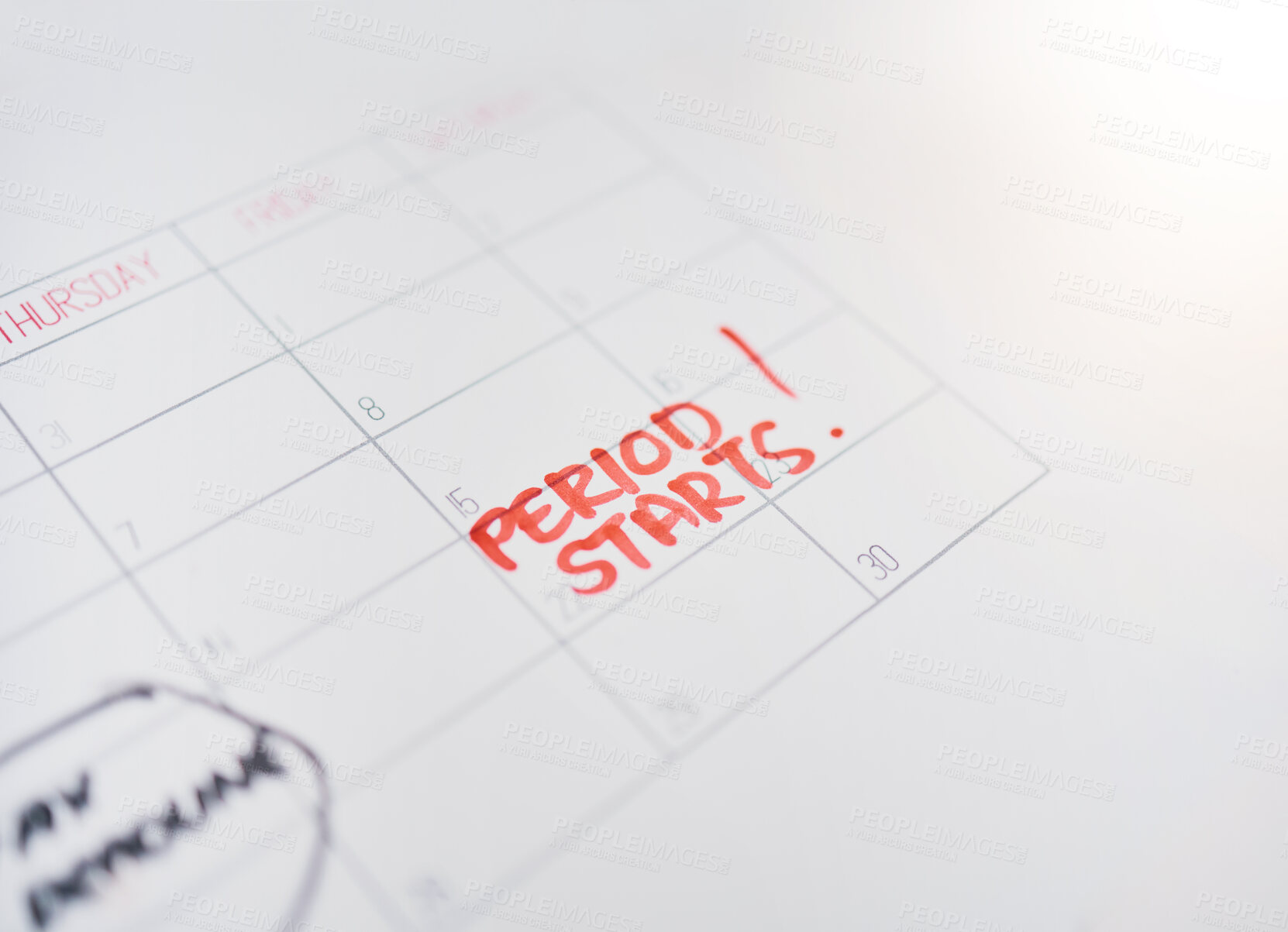 Buy stock photo Period, cycle and note on a calendar for menstruation, monthly schedule and date for time of month. Agenda, information and reminder of an important day for health, sickness and feminine care