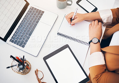 Buy stock photo Planning, schedule and hands of a woman writing an idea, information or agenda from a mockup tablet. Business, corporate and social media management employee with inspiration on a project from above