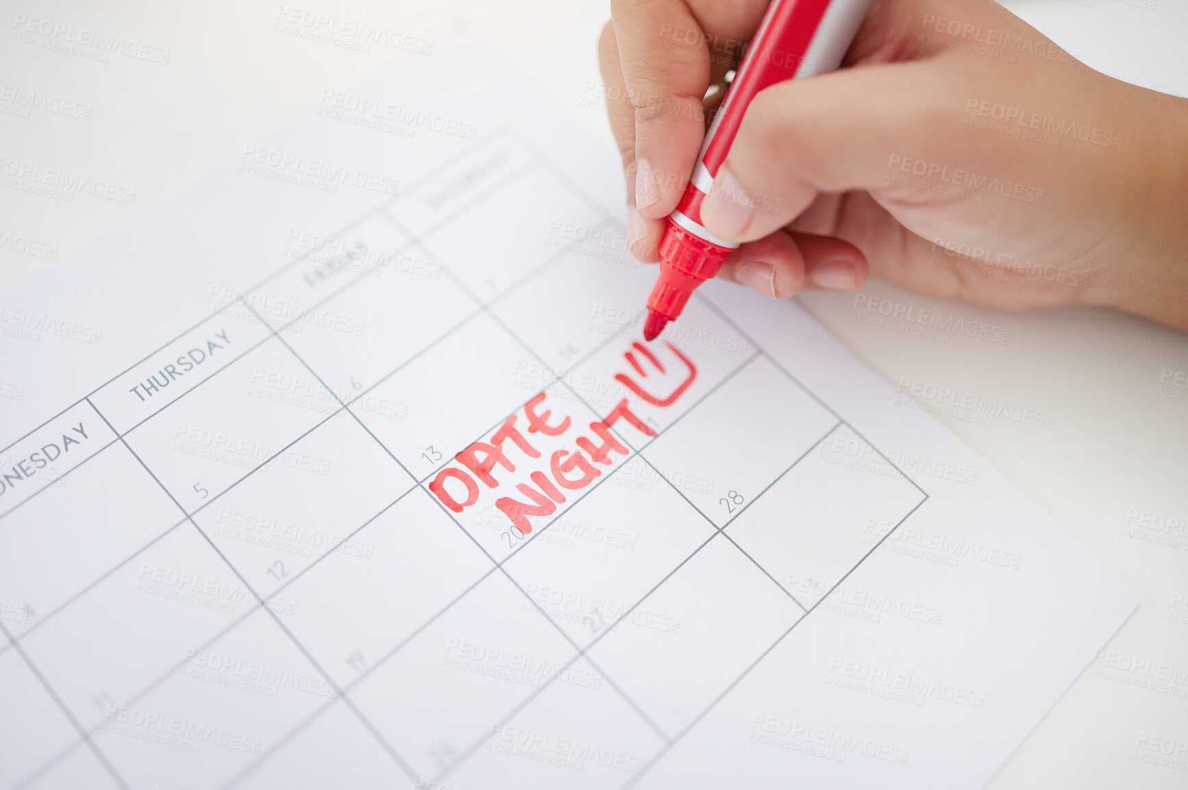 Buy stock photo Hands, writing and calendar planning date for schedule, commitment or organized reminder on paper. Hand of person with red marker to write plan, time or day for operation, goals or monthly planner