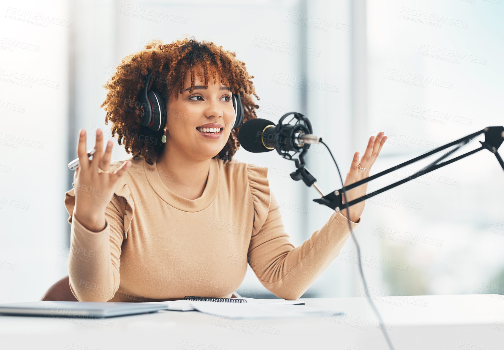 Buy stock photo Radio show, podcast and black woman with microphone, talking and live streaming for advice. African American female presenter, lady or influencer with headphones, discussion or broadcast in workplace