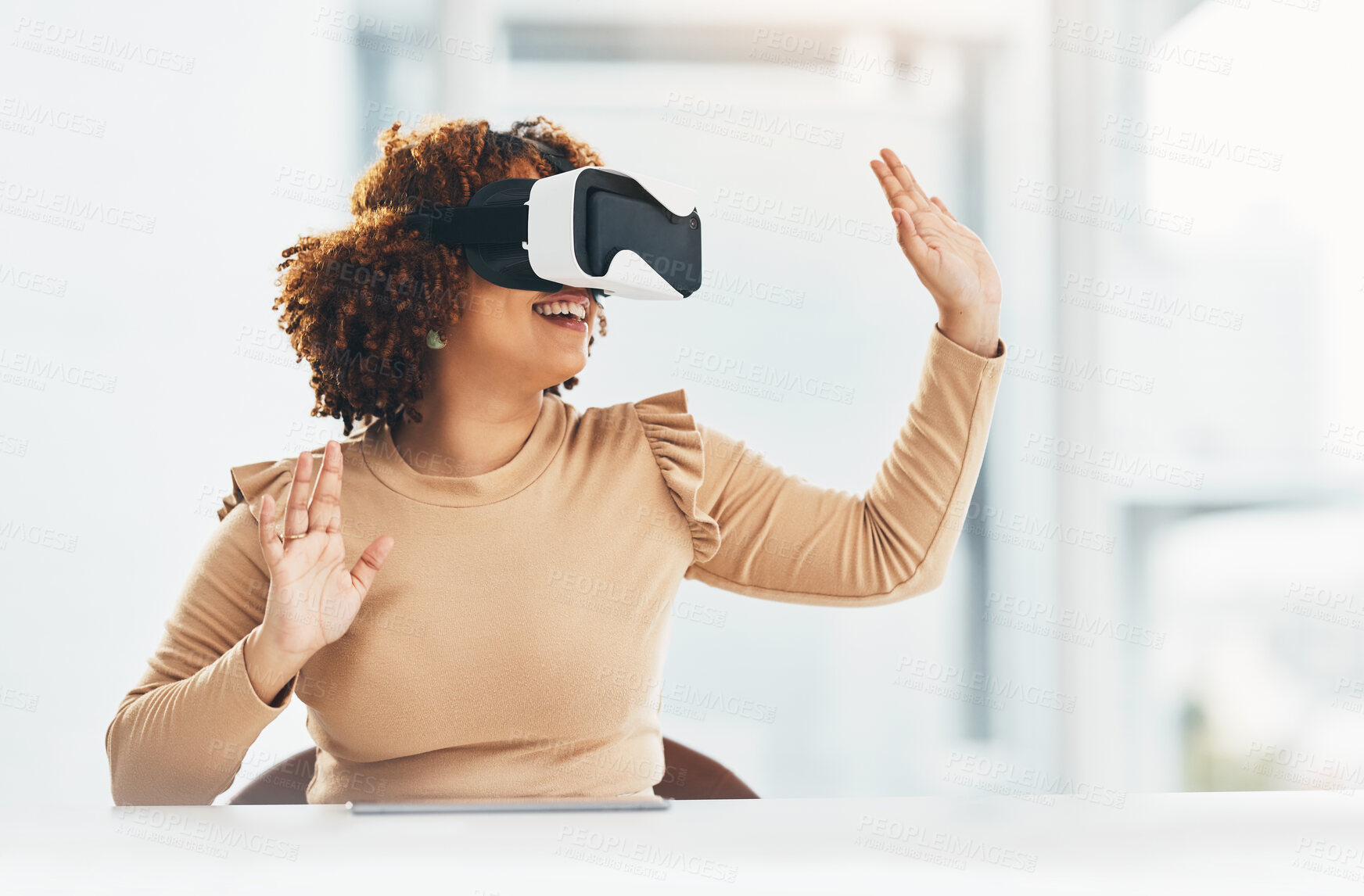 Buy stock photo VR, happy and woman with glasses for a connection, digital project and system. Touching, ai and smiling business employee working with an interactive, futuristic and virtual reality program online