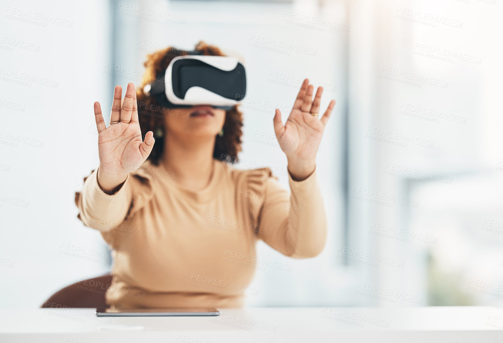 Buy stock photo VR, metaverse and corporate woman in the office planning a digital project with a headset. Virtual reality, 3d and professional female employee designing a graphic company report in the workplace.