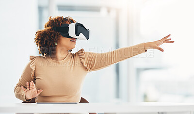 Buy stock photo VR, business and woman with glasses for a metaverse, digital project and system. Touching, ai and employee in corporate working with an interactive, futuristic and virtual reality program online