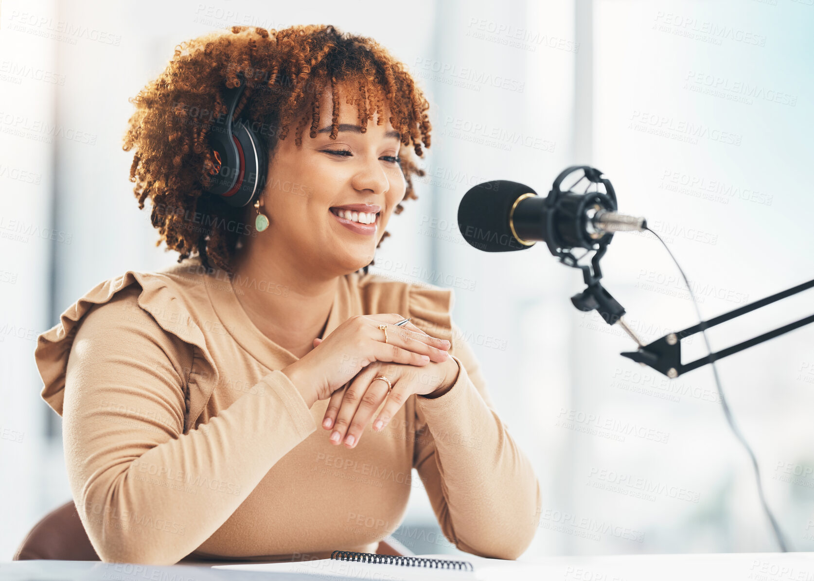 Buy stock photo Black woman, microphone and podcast or radio presenter talking for broadcast, live streaming or speech. Happy African American female influencer, host or speaker with mic and smile for talk show