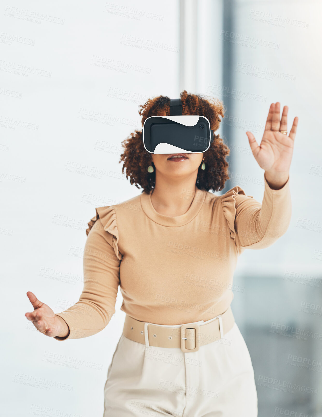 Buy stock photo Virtual reality, metaverse and business woman in the office planning a digital project with a headset. VR, 3d and professional female employee designing a graphic company report in the workplace.