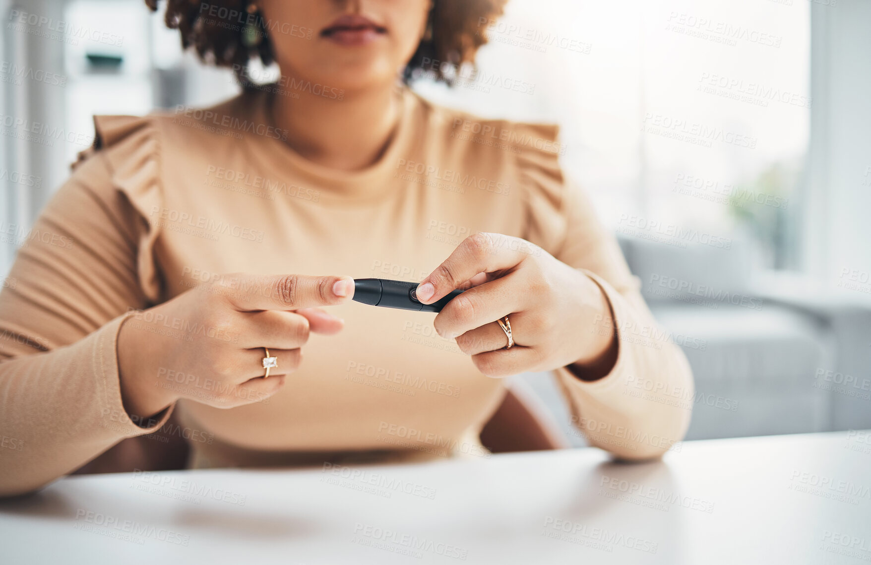 Buy stock photo Diabetes, finger of black woman and blood test in hands, healthcare and medicine in home. Health, innovation and technology, diabetic person with digital glucometer checking glucose or sugar level.