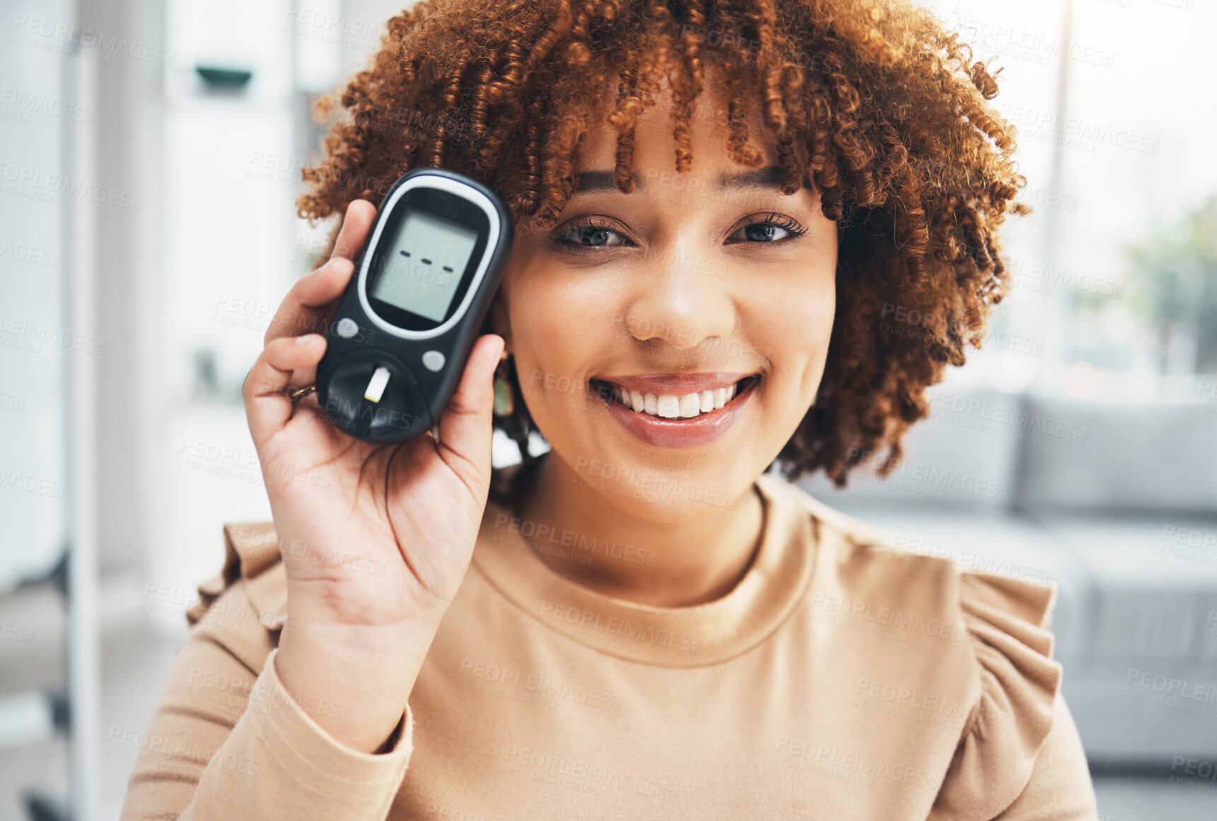 Buy stock photo Showing, diabetes and portrait of a black woman with a machine for healthcare, test and check. Happy, medicine and African girl with a product to monitor blood sugar, health and glucose levels