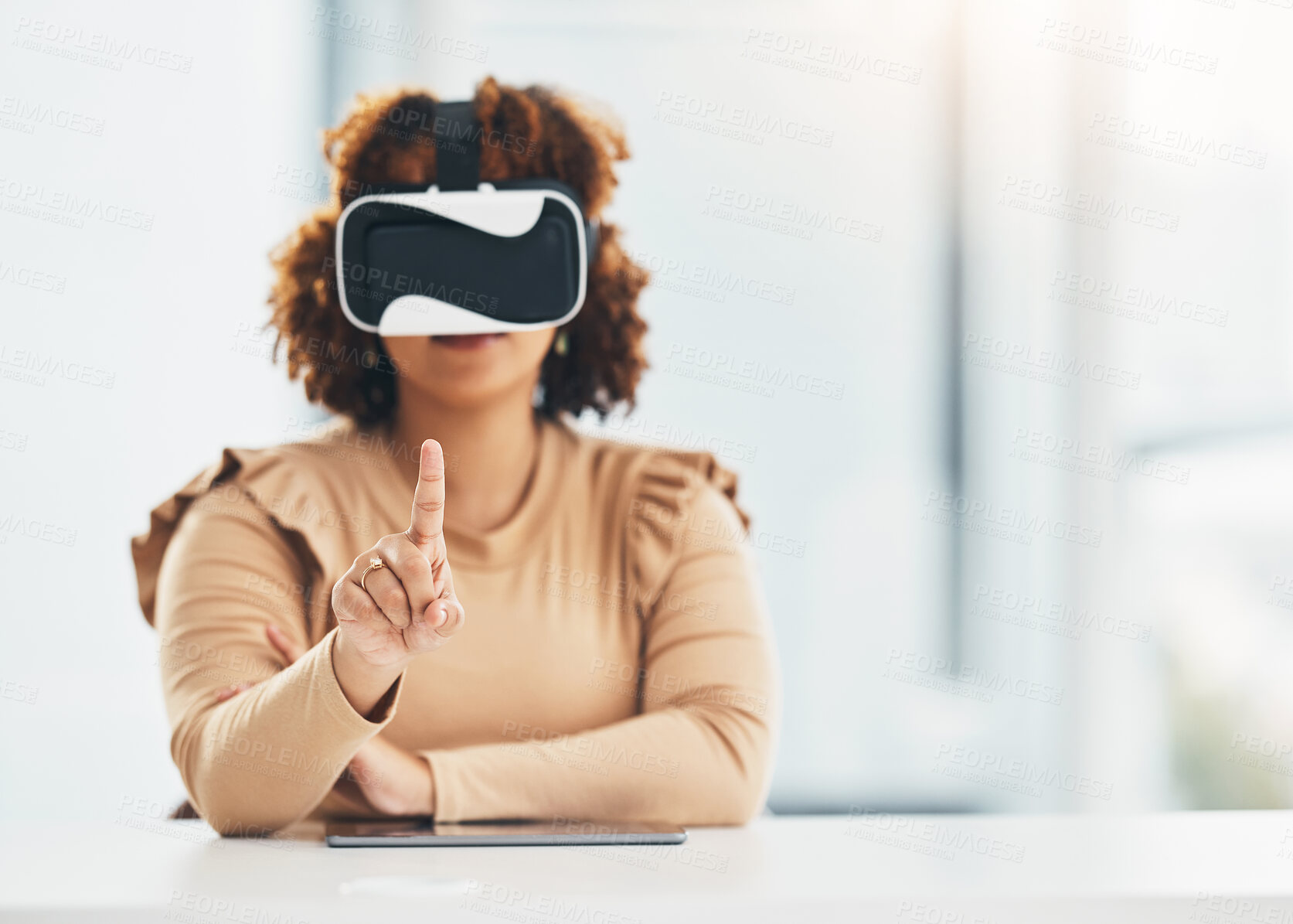 Buy stock photo Virtual reality, user interface and black woman with finger for cyber app, interactive website and metaverse. Technology, vr headset and hand of girl for futuristic internet, ux network and ai design