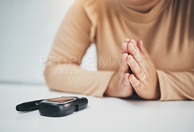 Buy stock photo Diabetes, praying and equipment with hands of woman for medical, illness and blood test. Healthcare, medicine and technology with patient and machine for insulin exam, glucometer and monitor