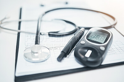 Buy stock photo Stethoscope, medical and diabetes equipment with and clipboard for checklist, documents or healthcare. Medicine, research and information with paperwork for life insurance, analysis or consulting