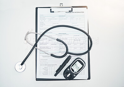 Buy stock photo Stethoscope, medical and diabetes equipment with clipboard from top view for checklist, documents and healthcare. Medicine, research and results with paperwork for insurance, analysis and consulting