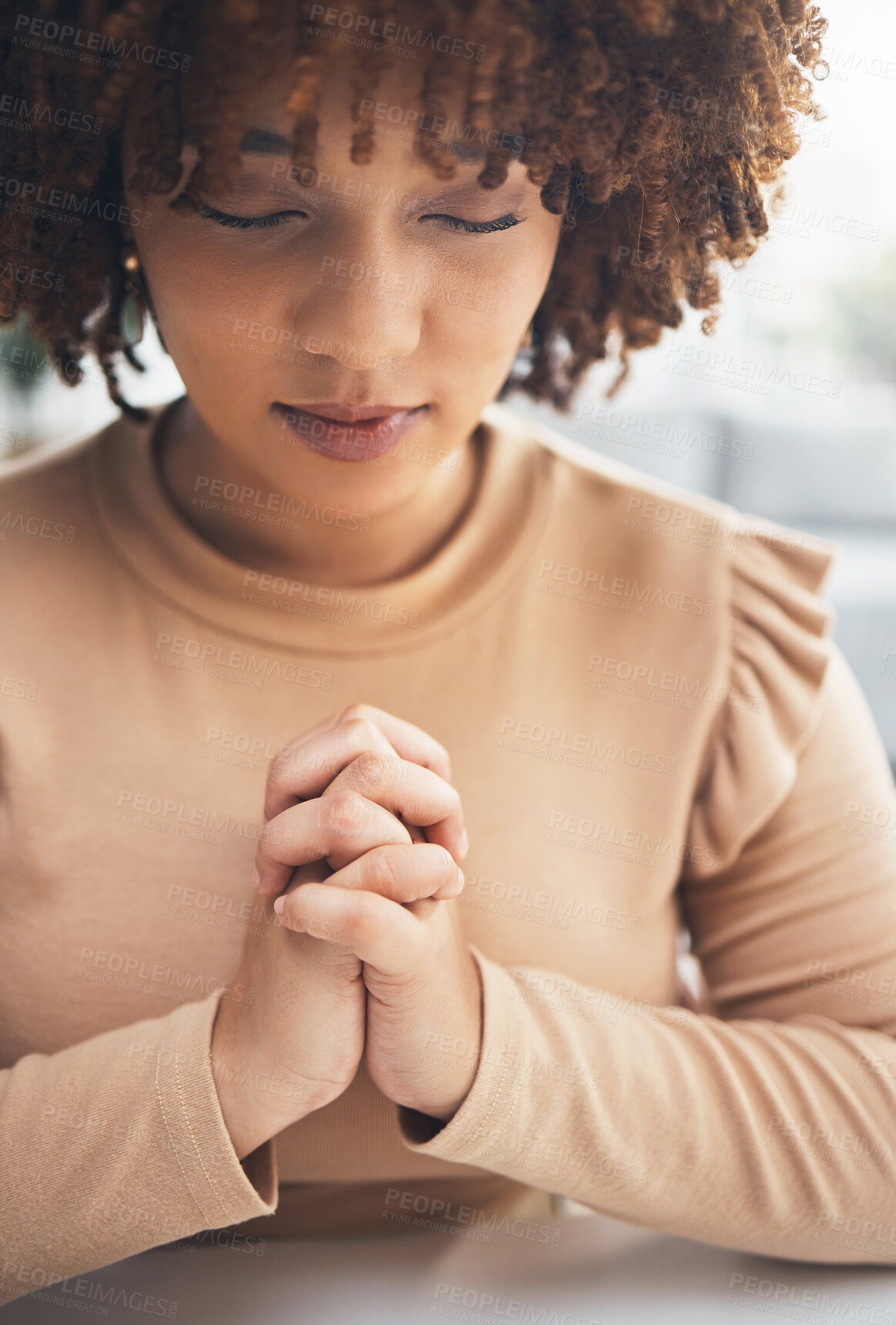 Buy stock photo Religion, faith and female praying in her home for support, help and spiritual healing from god. Worship, gratitude and christian woman saying a prayer for forgiveness, compassion or grace at a house