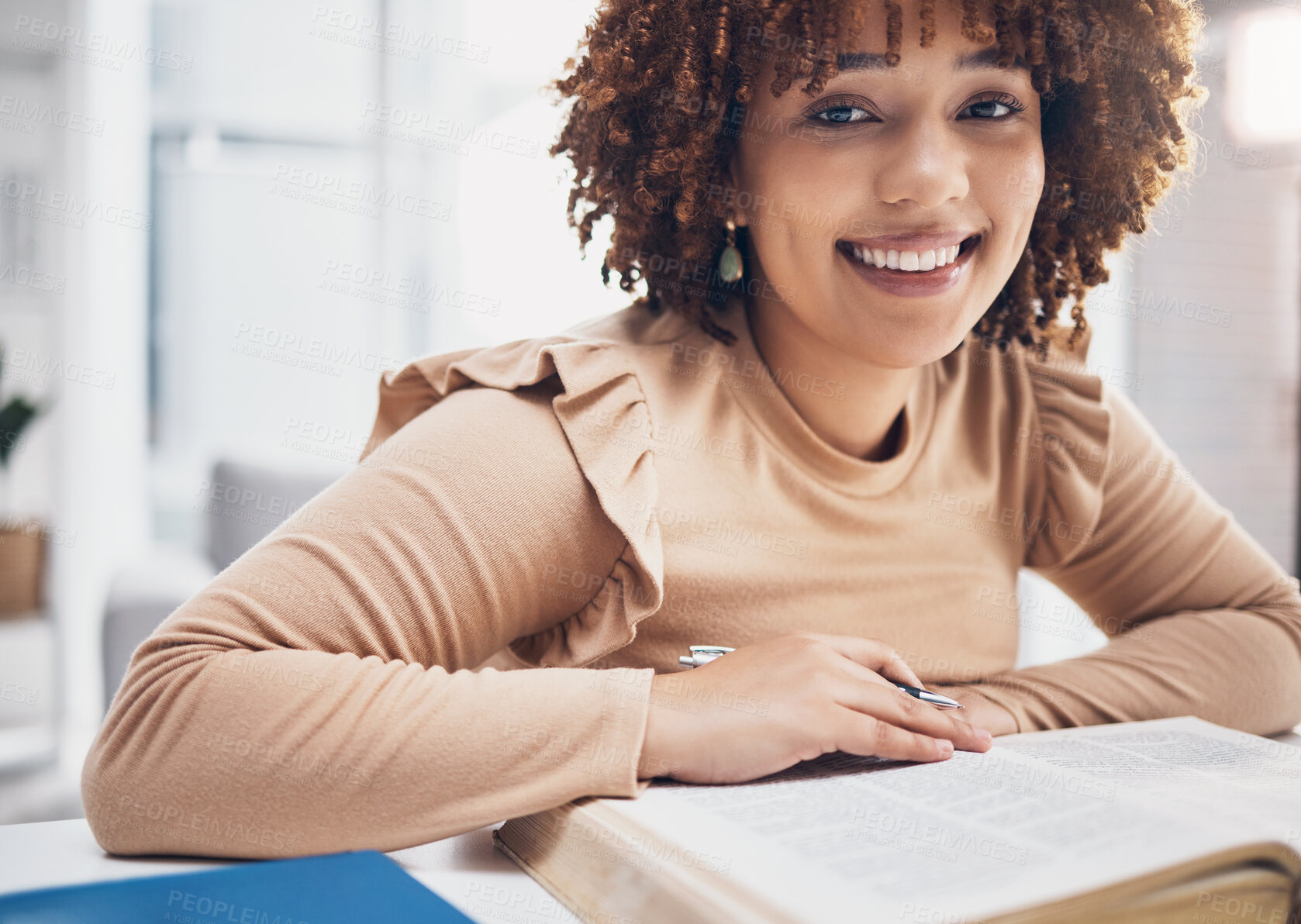 Buy stock photo Smile, prayer and portrait of black woman with bible for happy, worship and christian religion. Faith, God and praying with girl reading holy book at home for belief, spirituality and respect 