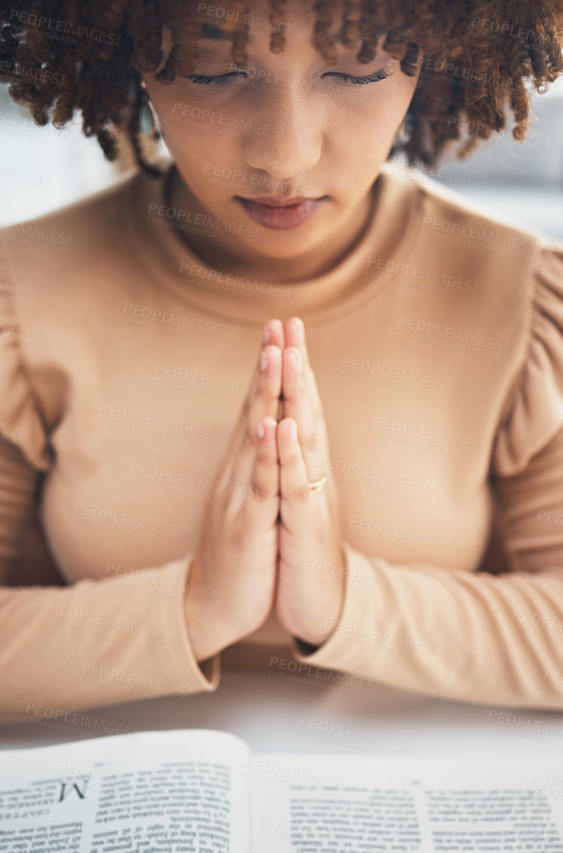 Buy stock photo Black woman praying hands with book for religion, faith and god help, holy support and spiritual healing. Prayer hands, hope and christian person with bible education for hope, trust and worship