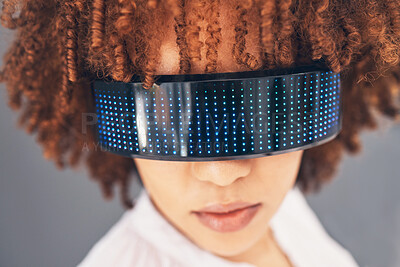 Buy stock photo Fashion, cyberpunk and glasses with a black woman in studio on a gray background for futuristic style. Eyewear, future and modern with an attractive young female wearing a trendy or digital visor