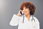 Consulting, thinking and doctor on a phone call for healthcare isolated on a grey studio background. Contact, happy and black woman speaking on a mobile for medicine, consultation and medicare