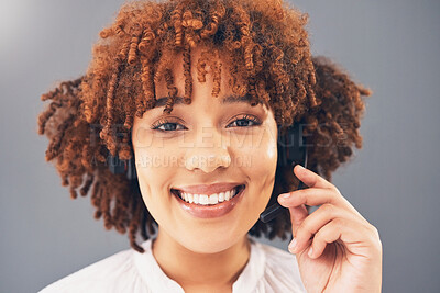 Buy stock photo Call center, smile and portrait of black woman for customer support, online service and friendly consulting. Crm business, contact us and face of happy female worker with headset for telemarketing
