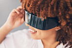 Futuristic vision, glasses and black woman isolated on gray background metaverse, cyberpunk and virtual reality. VR sunglasses, digital fashion and ai high tech of gen z model or person future gaming