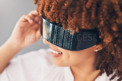 Buy stock photo Futuristic vision, glasses and black woman isolated on gray background metaverse, cyberpunk and virtual reality. VR sunglasses, digital fashion and ai high tech of gen z model or person future gaming