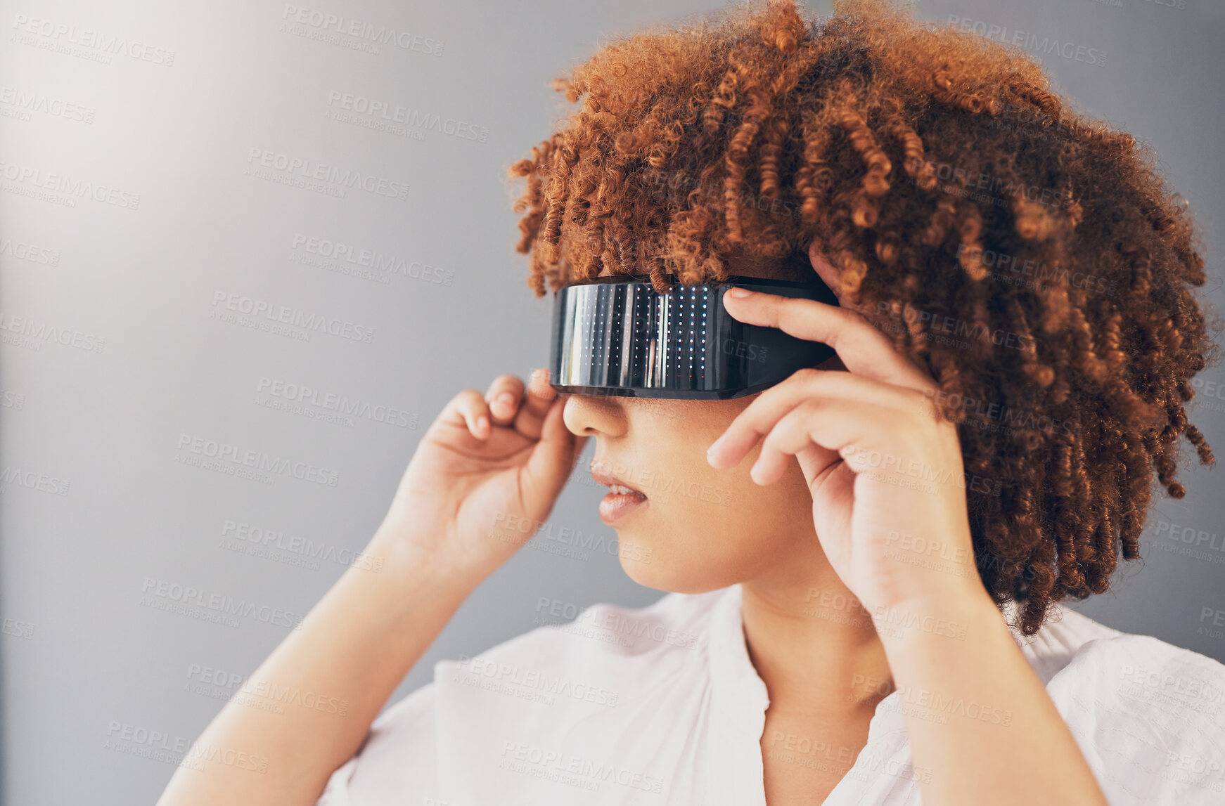 Buy stock photo Futuristic, glasses and black woman isolated on a gray background for metaverse, cyberpunk and virtual reality. VR sunglasses, digital software and vision of gen z model or person thinking of future