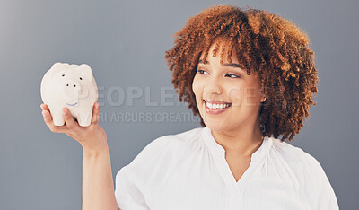 Buy stock photo Happy, piggy bank or black woman with savings budget or financial profits growth on studio background. Smile, finance or African American girl holding financial tin for cash loan or money investment 