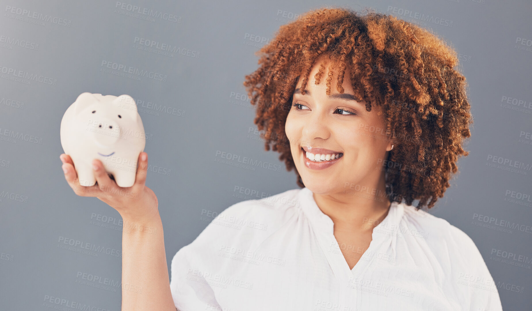 Buy stock photo Happy, piggy bank or black woman with savings budget or financial profits growth on studio background. Smile, finance or African American girl holding financial tin for cash loan or money investment 