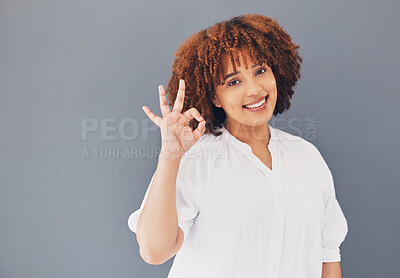 Buy stock photo Happy. perfect and portrait of a black woman with a hand isolated on a grey studio background. Business, okay and African employee with an emoji sign for happiness, approval and work satisfaction
