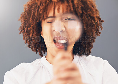 Buy stock photo Magnifying glass, investigation and examination with a black woman in studio on a gray background. Detective, zoom and search with a young female looking for clues or detail during inspection