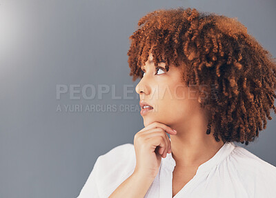 Buy stock photo Ideas, thinking and black woman isolated on gray background scholarship, education or university decision. Contemplating, inspiration and young person, model or student with thoughtful idea in studio