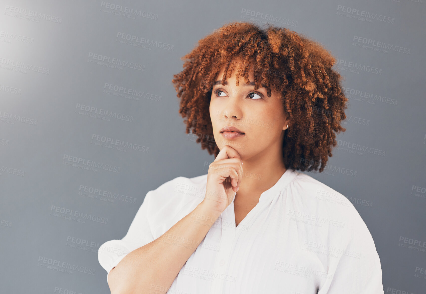 Buy stock photo Thinking, idea and black woman isolated on gray background scholarship, education or university decision. Contemplating, inspiration and young person, model or student with thoughtful ideas in studio