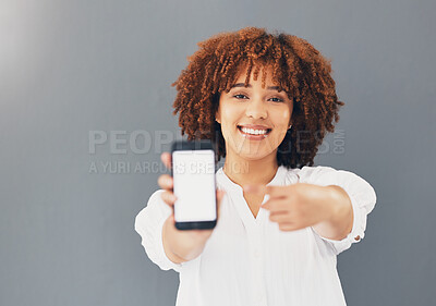 Buy stock photo Mockup, blank phone screen and black woman hand pointing to digital advertisement and web message. Discount, sale and promotion deal mock up of a young female in a studio with gray background