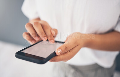 Buy stock photo Closeup, hands and cellphone for social media, screen and connection to search website. Zoom, female employee and worker with smartphone, communication and typing with online reading and networking