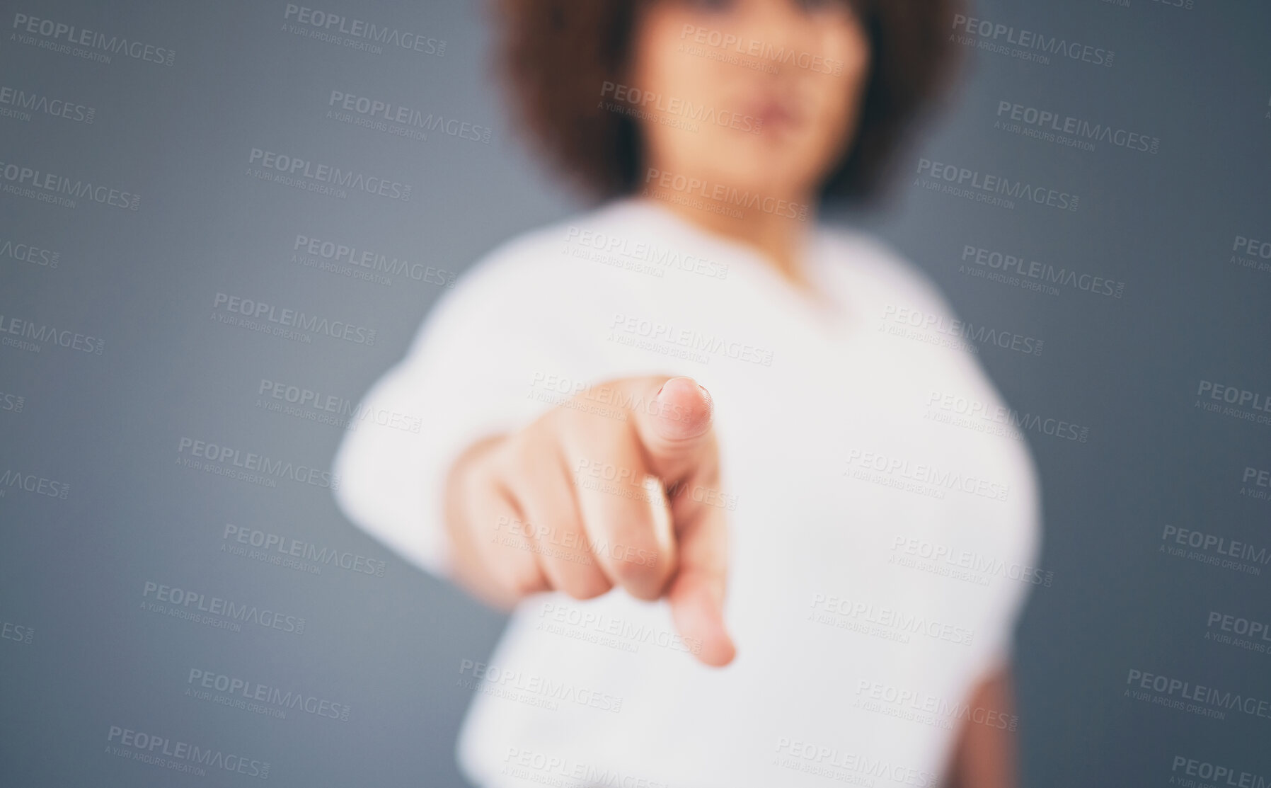 Buy stock photo Woman, hand and pointing finger in studio for choice, decision and motivation for accountability. Model person with emoji sign hands at you to order, vote and opinion for selection on gray background
