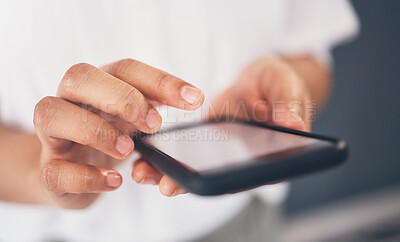 Buy stock photo Closeup, hands and smartphone for typing, social media and connection for communication. Zoom, female professional and lady with cellphone, screen and networking for message, chatting and texting