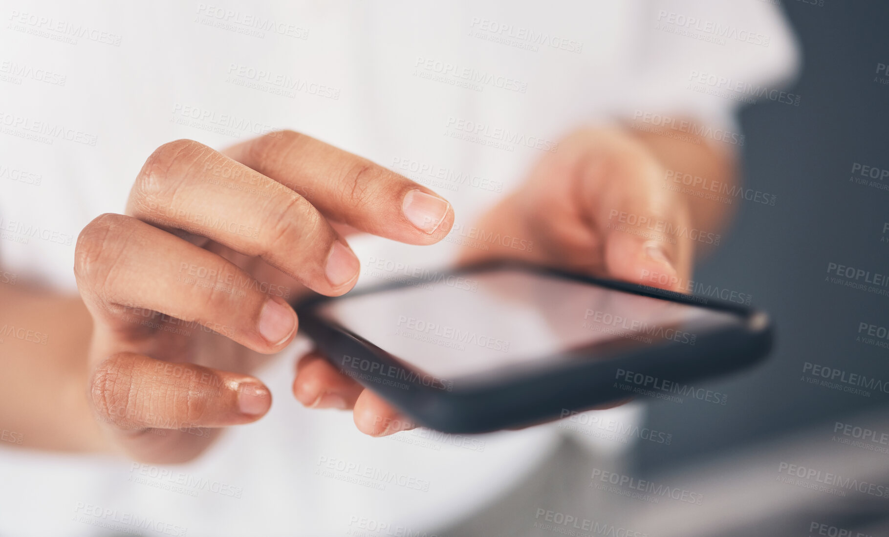 Buy stock photo Closeup, hands and smartphone for typing, social media and connection for communication. Zoom, female professional and lady with cellphone, screen and networking for message, chatting and texting