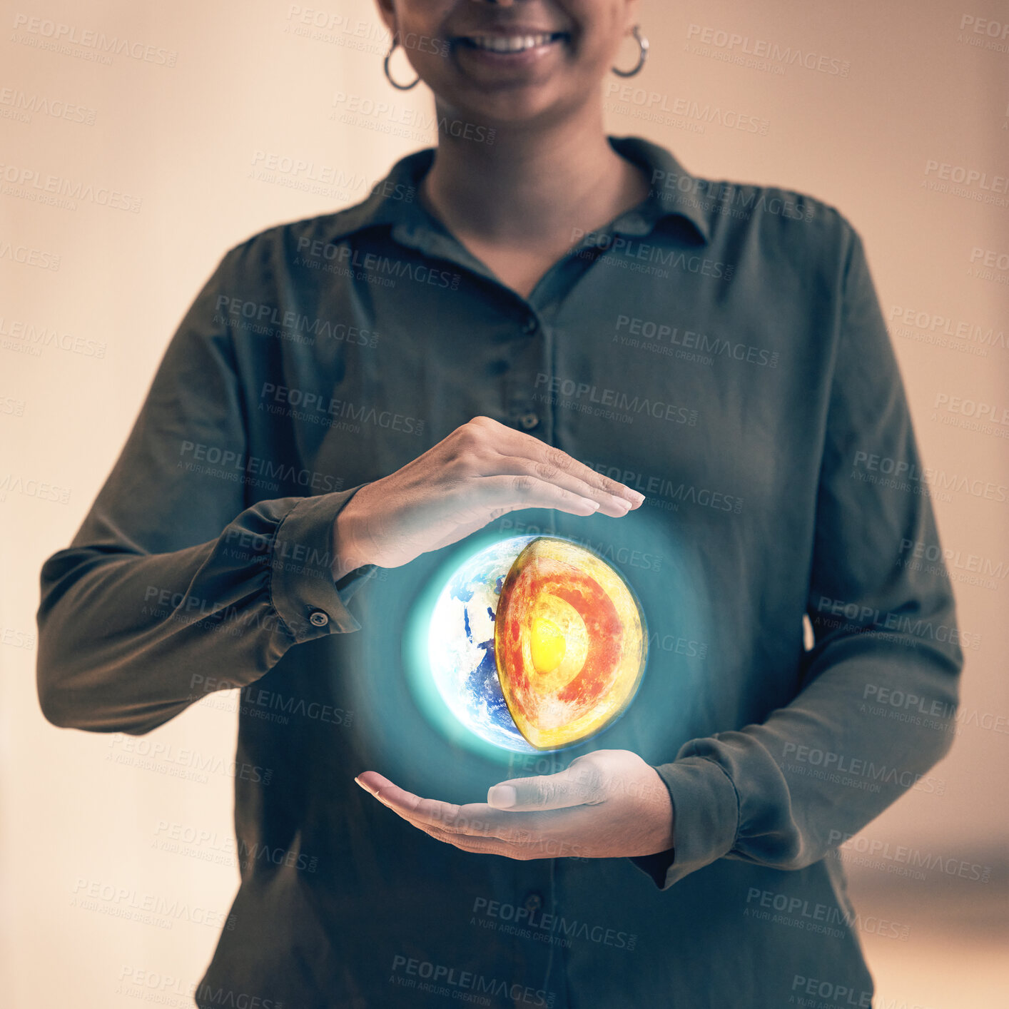 Buy stock photo Earth anatomy graphic, globe hologram and woman hands holding a 3d digital model. Science software, planet data and futuristic illustration to show geography and virtual display of sphere layers