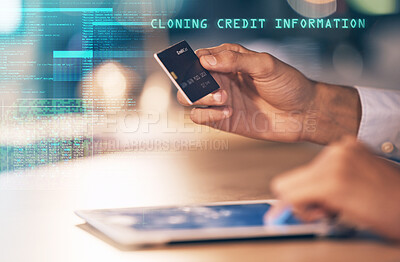 Hands, tablet and credit card hacking bank information, cloning or cybersecurity at night on office desk. Hand of hacker stealing banking data, app or identity in fraud or online theft at workplace