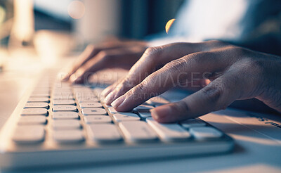 Typing, computer and night with hands of person in office for email, overtime and project proposal. Technology, internet and search with employee and keyboard for report, deadline and planning