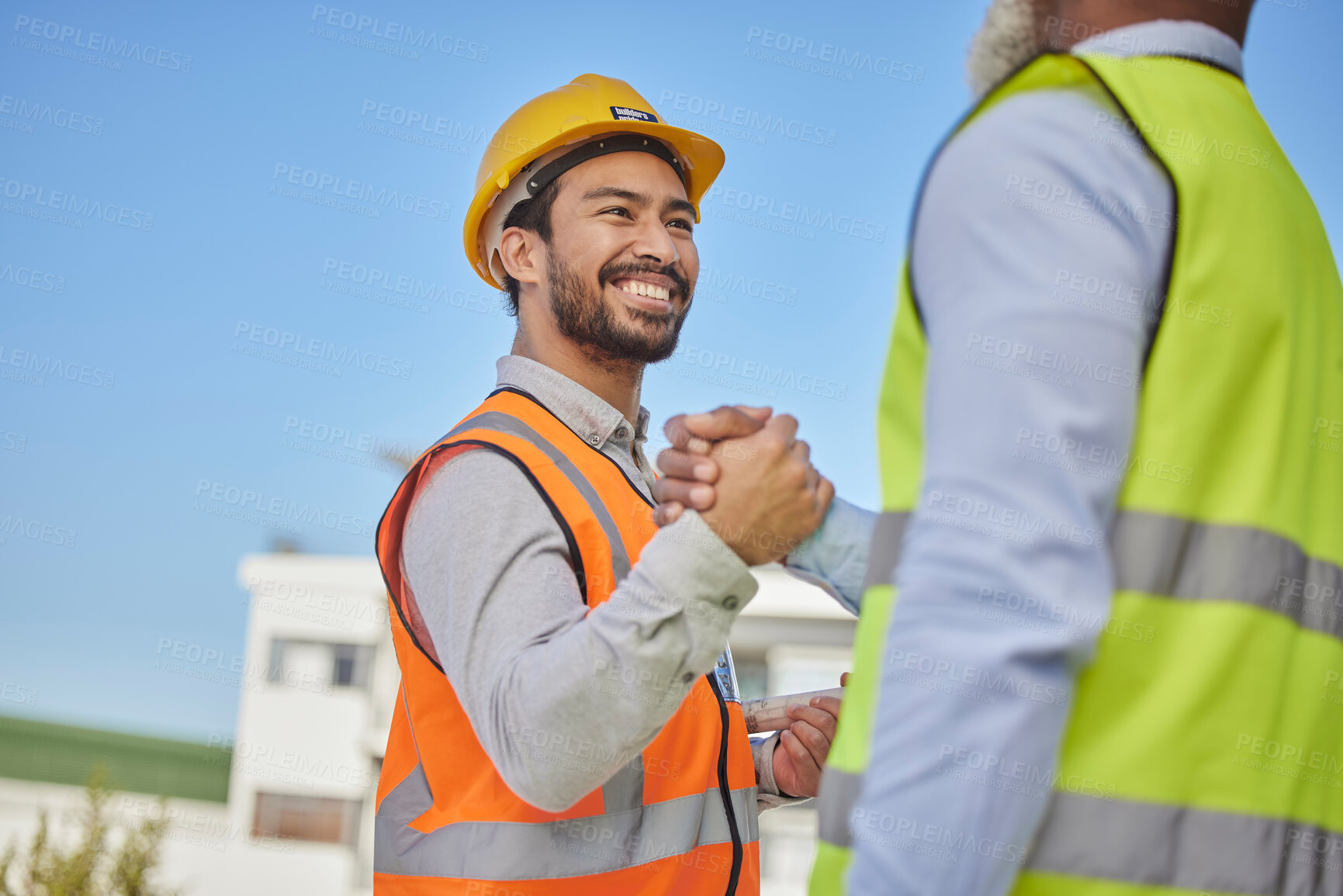 Buy stock photo Engineer, men outdoor and greeting with handshake, partnership and success for new project. Architecture, coworkers or male employees with agreement, friends or collaboration for building development