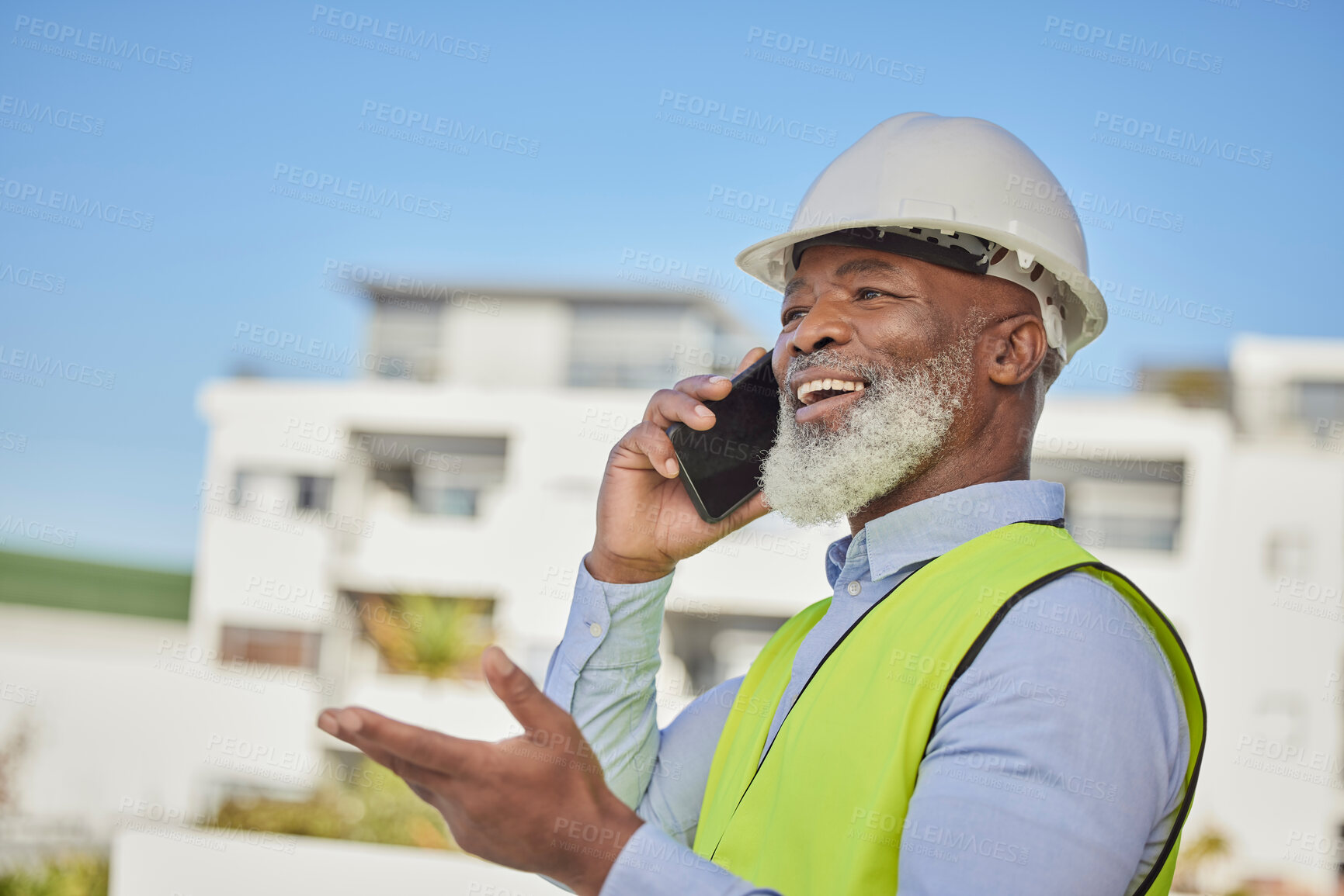 Buy stock photo Black man, architect and phone for construction in the city or building, conversation and discussion. African American male engineer or contractor with smile talking on smartphone in architecture