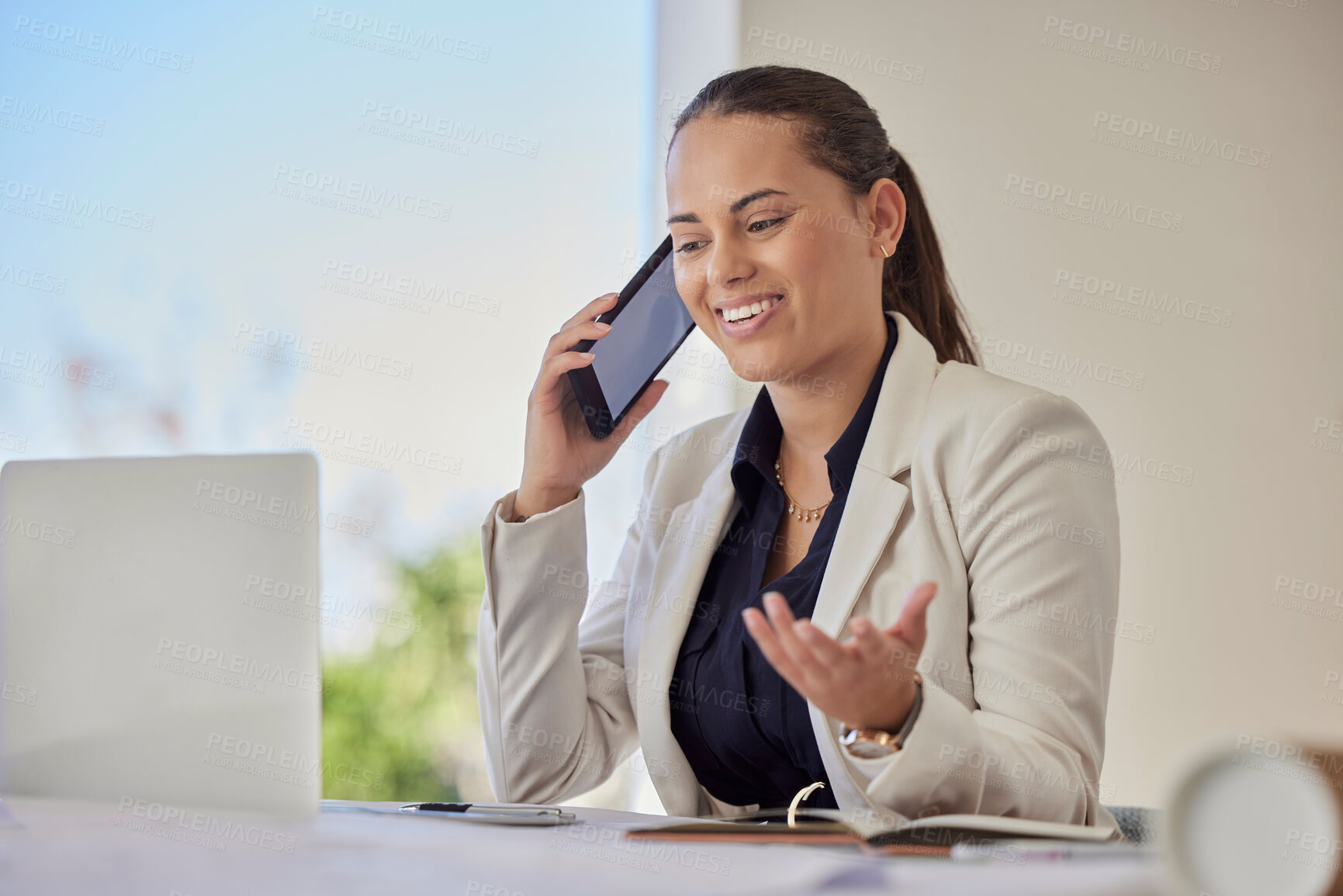 Buy stock photo Business, phone call and woman with laptop, engineer and networking for new project, deadline and schedule. Architecture, female employee and happy leader with smartphone, discussion and planning