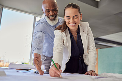 Buy stock photo Architecture, writing and business people with blueprint, illustration and engineering design on desk. Construction planning, teamwork and black man and woman drawing for urban property development