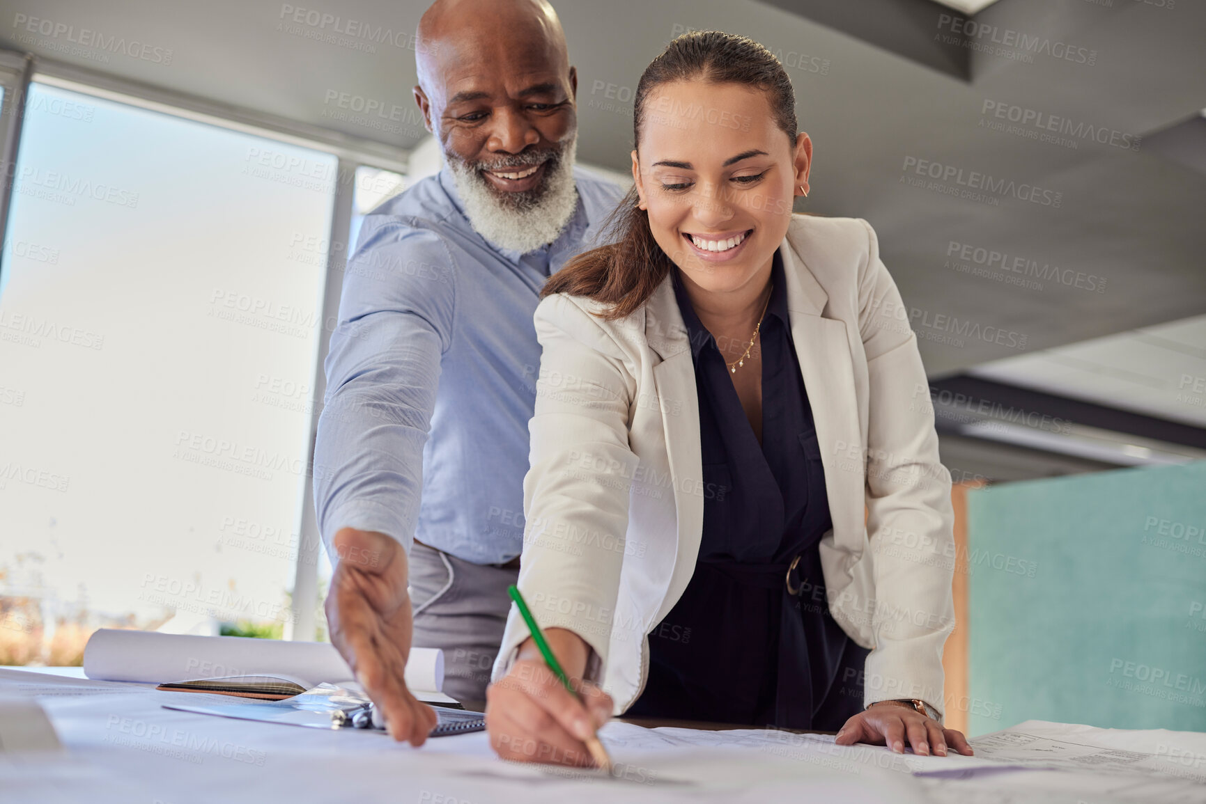 Buy stock photo Architecture, writing and business people with blueprint, illustration and engineering design on desk. Construction planning, teamwork and black man and woman drawing for urban property development