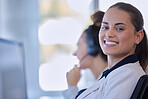 Call center, portrait and manager woman, consultant or agent in customer support, leadership and office training. Young advisor, telecom person or friendly worker in digital telemarketing workspace