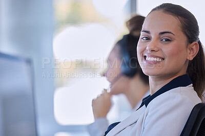 Buy stock photo Call center, portrait and manager woman, consultant or agent in customer support, leadership and office training. Young advisor, telecom person or friendly worker in digital telemarketing workspace