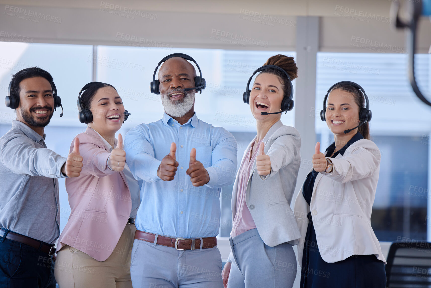 Buy stock photo Portrait, call center and team with thumbs up, achievement and success with target, goals or client service. Face, staff or leader with gesture for solidarity, tech support or telemarketing in office