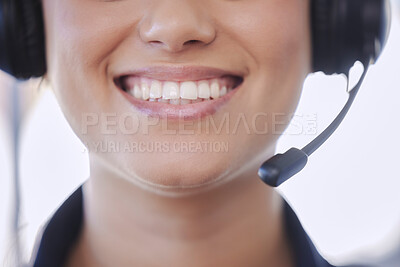Buy stock photo Closeup, smile and woman with headset, call center or worker with communication, contact us or customer service. Zoom, female agent or consultant with tech support, mouth or telemarketing with advice
