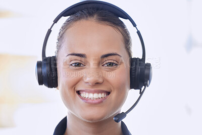 Buy stock photo Call center, portrait and happy woman, consultant or agent in customer support, virtual communication and consulting service. Young advisor, telecom person or friendly crm worker face in a headset